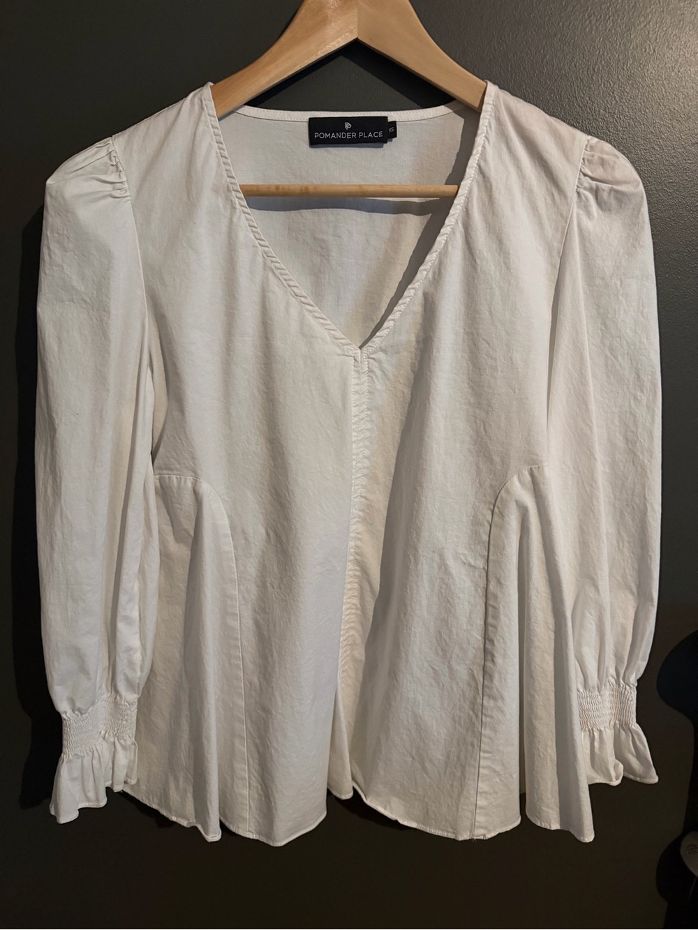 Pomander Place White V-Neck Peasant Blouse with Smocked Cuffs